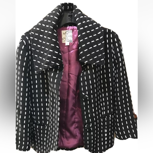 Tulle WOOL Jacket Anthropologie Black White Dotted Line Cropped Coat Business L - Picture 1 of 12